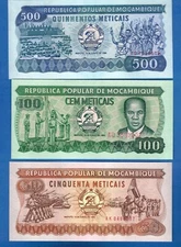 Mozambique P-129 P-130 P-131 50 100 500 Metricais Uncirculated Banknotes Set # 3