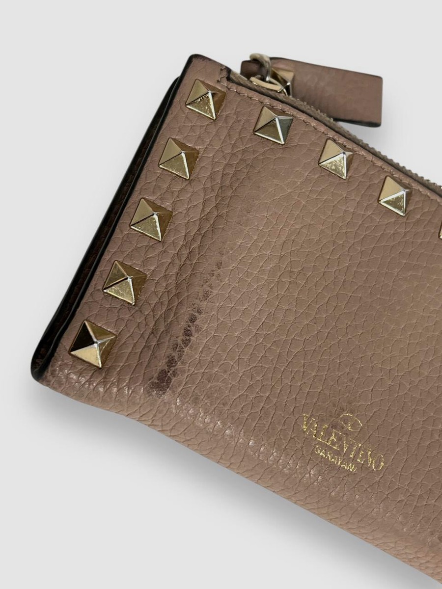 Valentino Garavani Beige Rockstud Zip Coin & Card Case Pouch