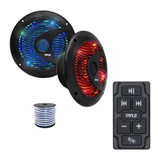 Pyle Marine Bluetooth Controller, 2x 6.5'' 150W LED Speakers (Black) w/Wire