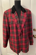 SAG HARBOR Red Tartan Plaid w/Black Velvet Collar Wool Blend Blazer Sz 16 Petite