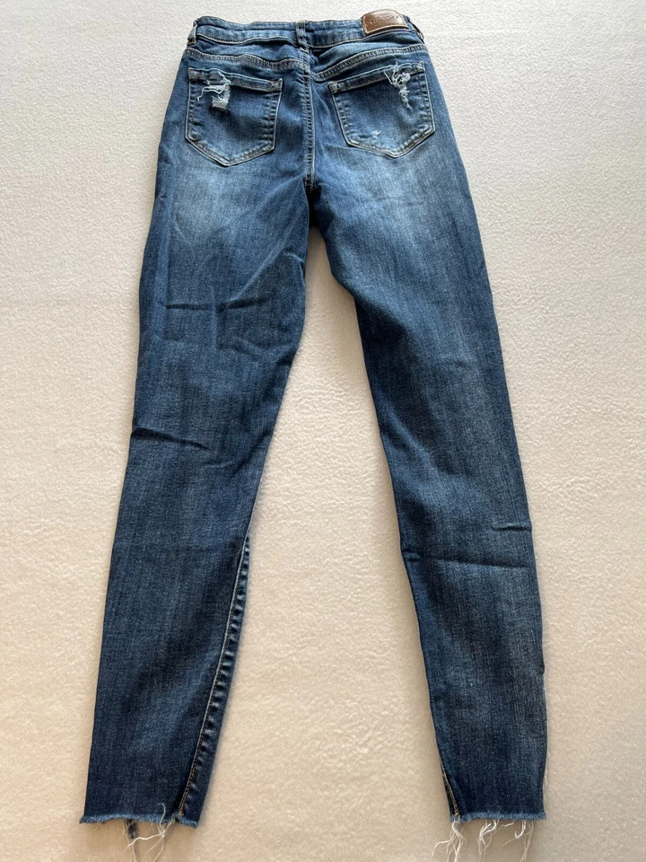 Pantalones de mezclilla ajustados para casa de muñecas niñas talla 3 azules tiro alto desgastados deshilachados elásticos Foto 2 de 4