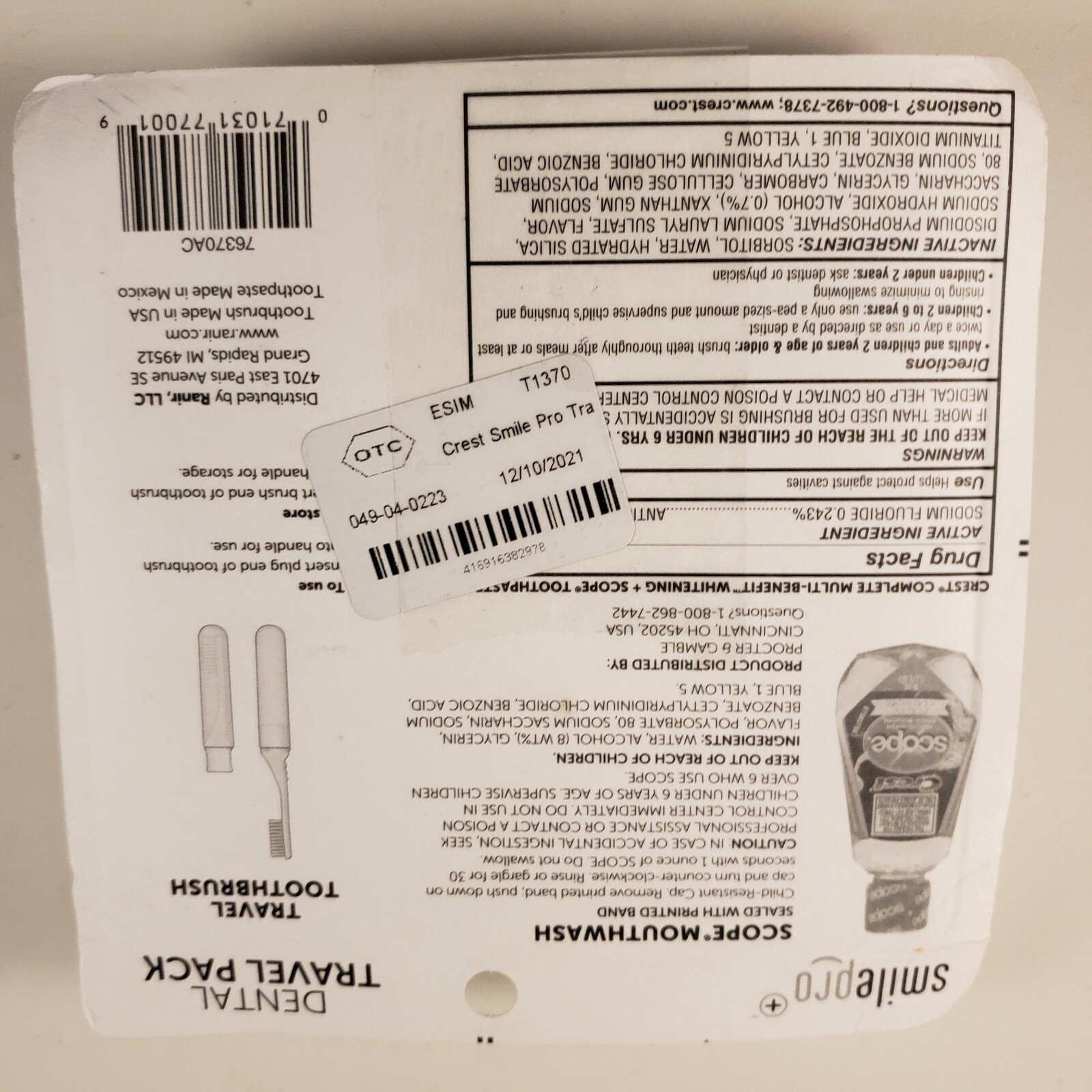 Dental Source Airline CarryOn Dental Travel Pack Crest Toothpaste, 1