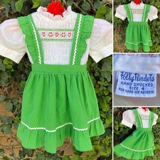 Vintage Polly Flinders Hand Smocked Dress Green Polka Dot Girls Size 4 70s 80s