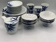 Vtg Blue Bamboo Leaves Japanese Tea Set Teapot 6 Cups Bowls 2 Sizes Of Plates