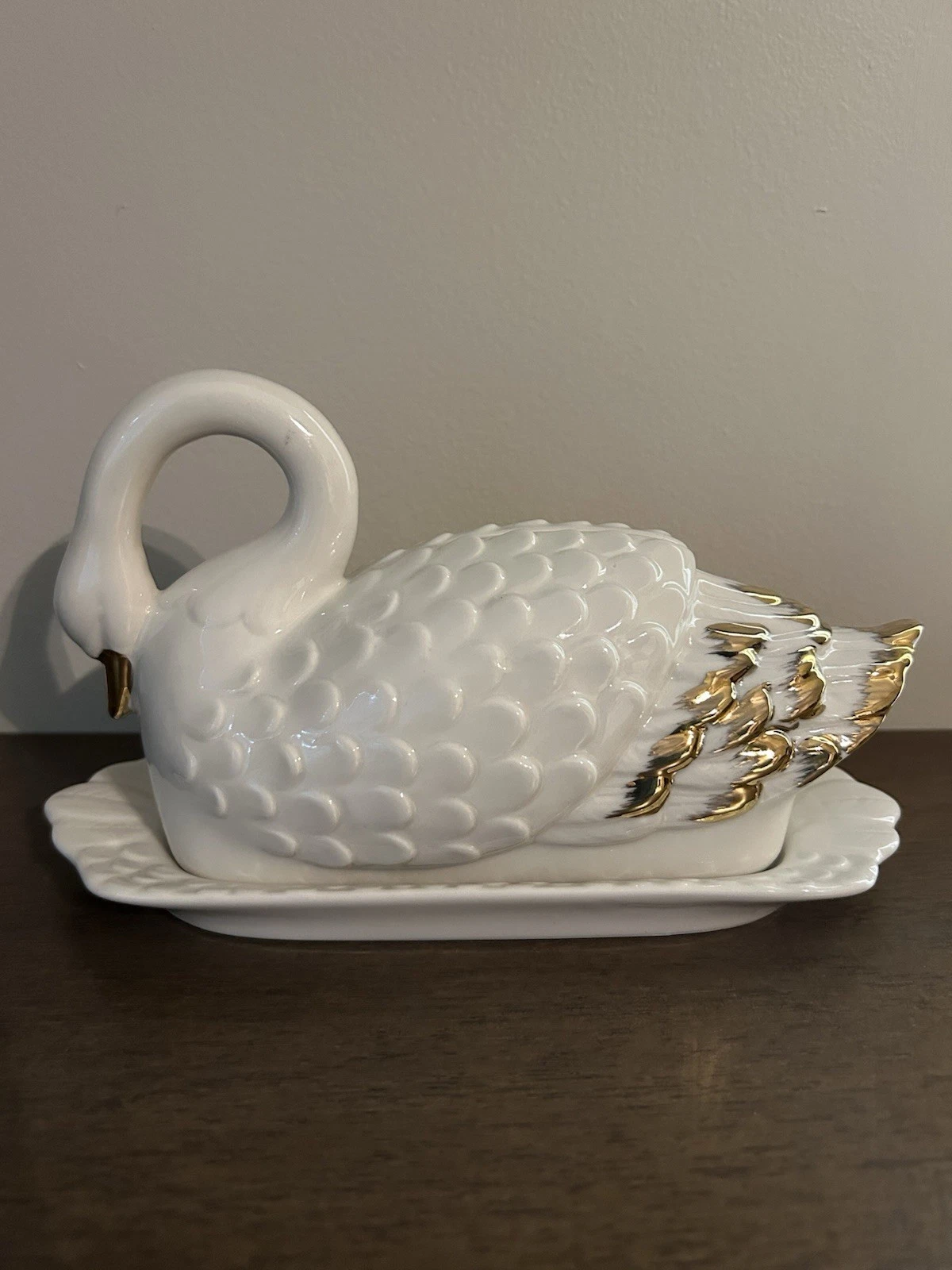 Anthropologie White & Gold Ceramic Swan Covered Butter Dish