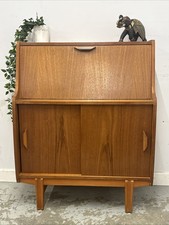 Mid Century Teak Bureau Desk with Drop Down Front & Sliding Door Cabinet