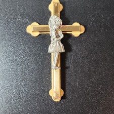 Vintage Metal Wall Cross Girl First Communion 4 in Gold and Pewter Tone