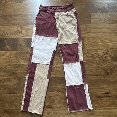 Women s Medium Patchwork Jeans Raw Hem Straight Leg Pants Maroon Tan Ivory Boho