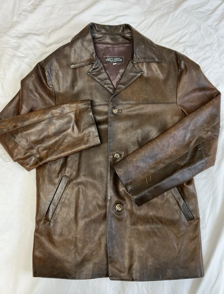 Blazer/chaqueta vintage Vera Pelle marrón larga de cuero italiano con botones talla 48