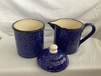 Ceramic Cream & Sugar Set W/ Lid. Resembles Enamel Camp ware Dishes