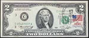 Lot of 5-1976 $2 Consecutive Bills, w/Postage/Date Stamp, Apr 13 1976. Gems