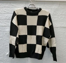 New Oak+Fort Rin Knit Checkered Crewneck Sweater Tan/Black Size XCS
