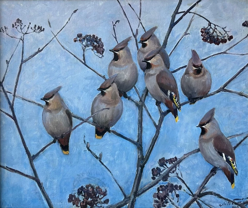 Ölbild 1929 Impressionist Ast mit Vögeln Bohemian Waxwing Seidenschwanz - Bild 3 von 4