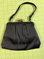 Ande Vintage Black Satin Evening Bag, Jeweled Kiss-Lock Clasp, 1950 s-60 s