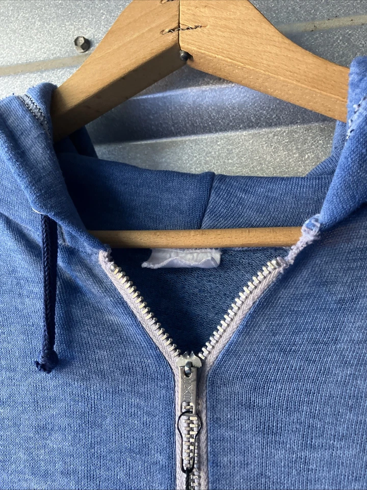 Sudadera con Capucha Vintage Años 70 Azul Cremallera Papel Raglán Fino Med/Lg 23x24 Grunge Thrashed Foto 2 de 4