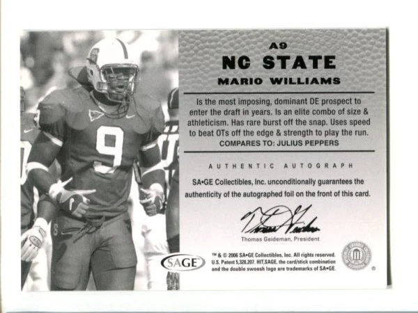 2006 SAGE Hit - Autographs - Blue #A9  Mario Williams 🏈 RC Auto - Image 2 of 3