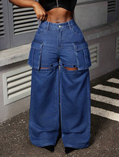 Womens Blue Denim Wide-Leg Cargo Pocket Jeans...