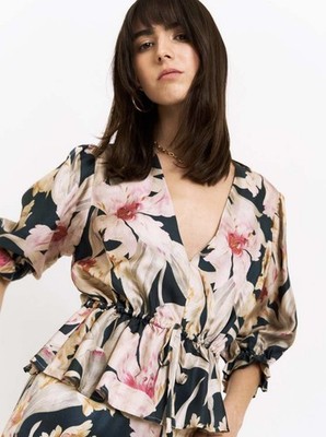 Christy Lynn | Reyna Top Dark Lily Silk Blouse Shirt Size Large Drawstring Waist