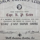 VINTAG CERTIFICATE MACH BUSTER'S CLUB SPEED OF SOUND IN USAF F100 SABRE JET 1954 — photo 2