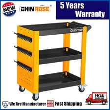 3 Tier Rolling Tool Cart with Pegboard & Hooks & Wheels Metal Heavy Duty Utility