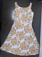 Size 4 Loft Women's Floral Yellow Brown White Autumn Linen Rayon Dress Sleeveles