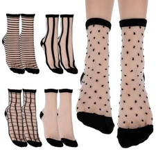 5Pairs Black See Through Sheer Ankle Socks Striped Plaid Dot Thin Transparent...
