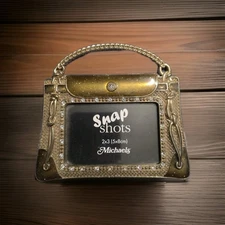 GOLD TONE METAL ENAMELED & RHINESTONE  PURSE PICTURE FRAME 2"X3" PHOTO AREA EUC