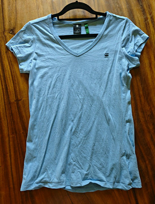 G-Star RAW Damen T-Shirt Hellblau Gr. M Logo Kurzarm V-Ausschnitt