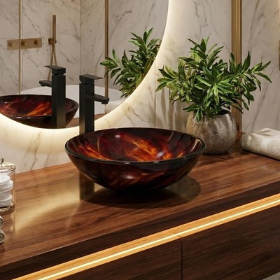 Tempered Glass Vessel Sink Round Bowl Artistic Faucet Pop Up Drain Flame Red