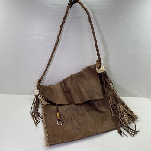 Handmade Brown Leather Messenger Bag Purse Braided Accents Beaded Fringe Boho - Picture 13 of 16