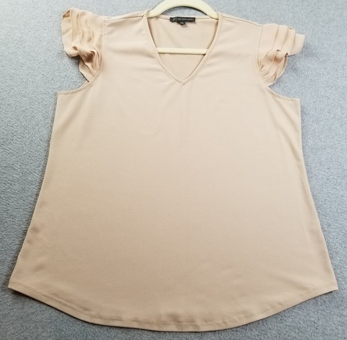 ADRIANNA PAPELL Top Womens Small S Beige Short Cap Sleeve V Neck Stretch Texture
