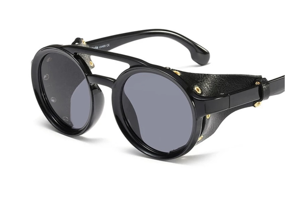 Steampunk Round Leather Side Shield Sunglasses Cool Shades