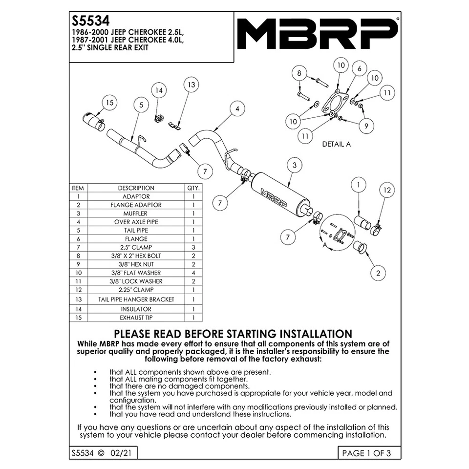 Escape trasero MBRP S5534AL Armor Lite acero gato para Jeep Cherokee 1987-2001 4,0 L Foto 3 de 4