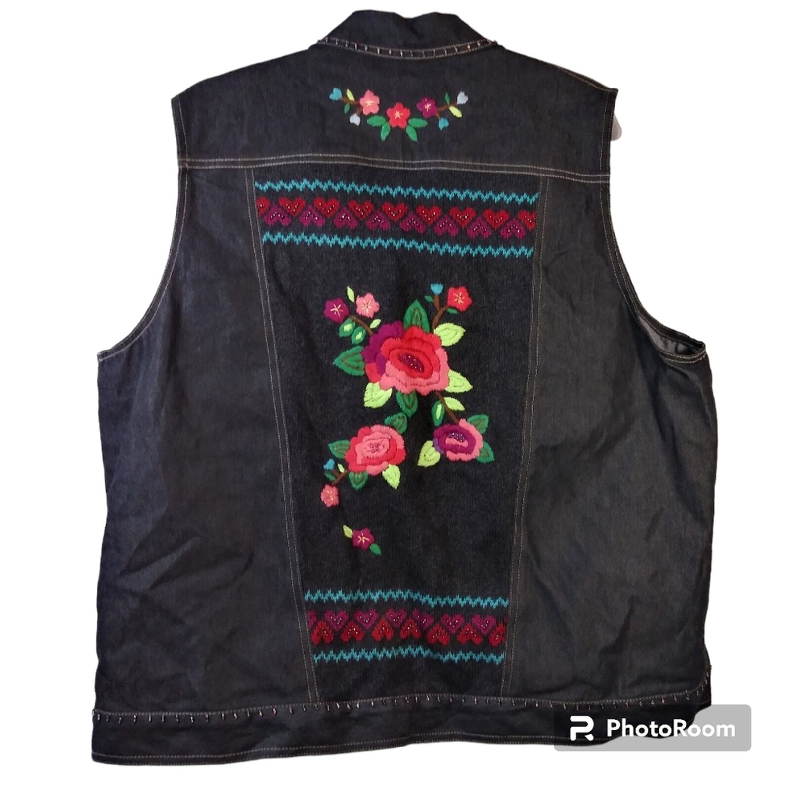 Alfred Dunner Black Denim Embroidered Embellished Button Front Vest Size 18