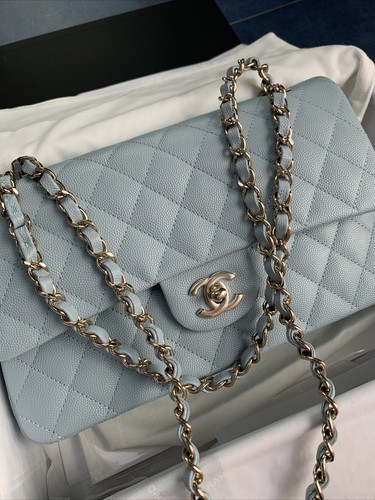 CHANEL Medium Classic Double Flap Bag Light Blue Caviar LGHW 22P  New/receipt