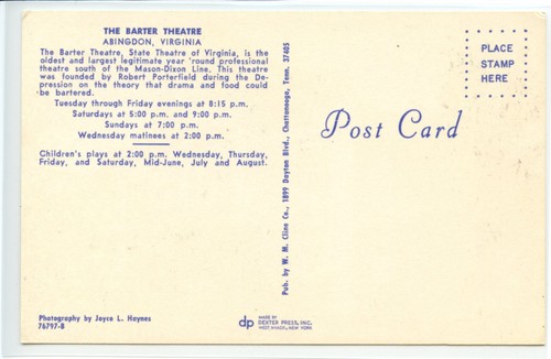Barter Theatre, Abingdon, Virginia Postcard - Picture 2 of 2