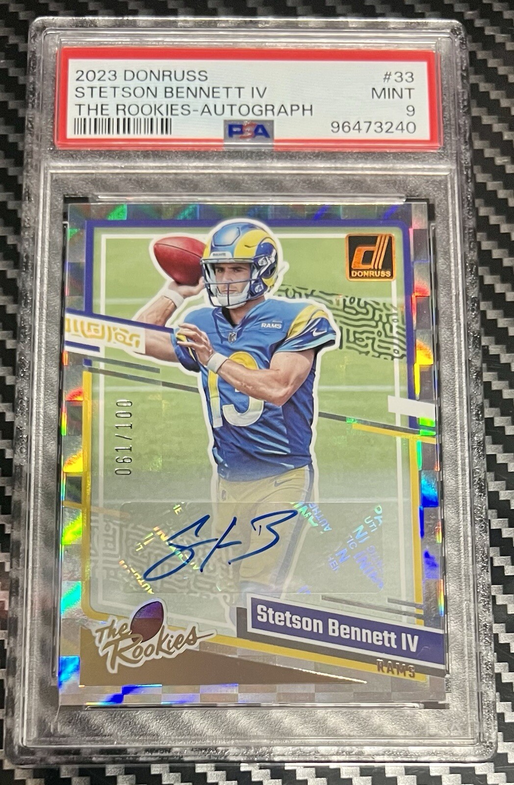 2023 Donruss The Rookies Stetson Bennett Auto Rams RC /100 PSA 9