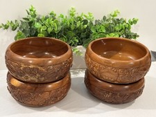Vtg Hand Carved Wooden Bowls Carving Around Entire Bowls Set Of 4 Beautiful