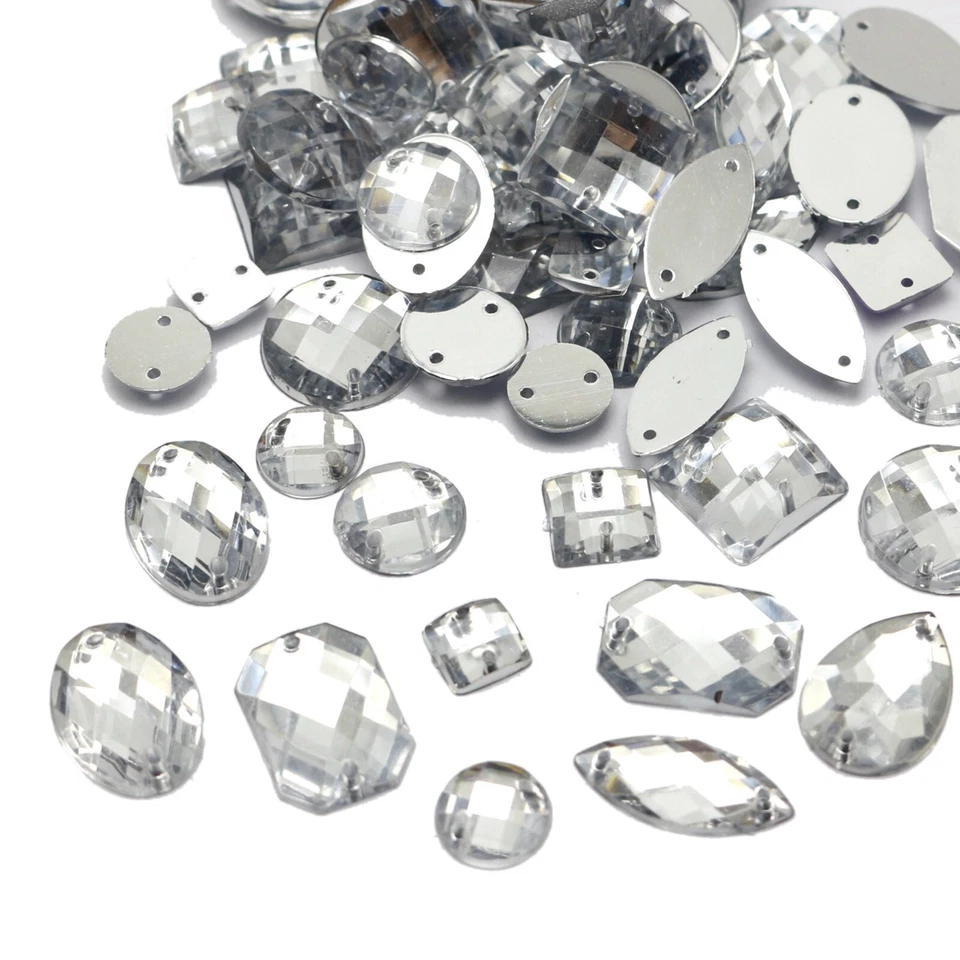 100 Clear Color Flatback Acrylic Sewing Rhinestone Assorted Shape Sew on beads - image 4 of 4