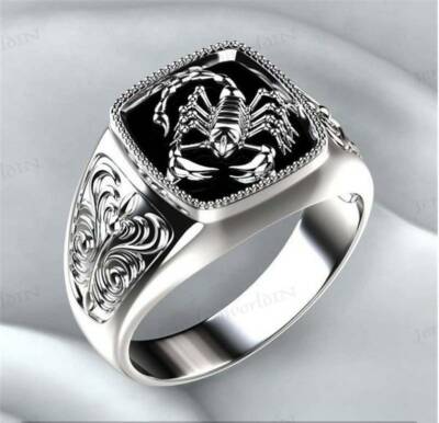 Black Obsidian Men's Scorpion Sterling Silver Ring Boyfriend Gifts Promise  Rings