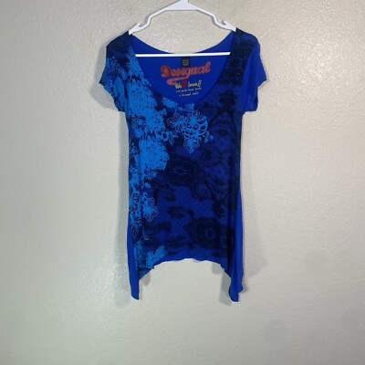 Desigual Women High Low Tunic Top Size S Abstract Blue Boho Graphic Asymetrical