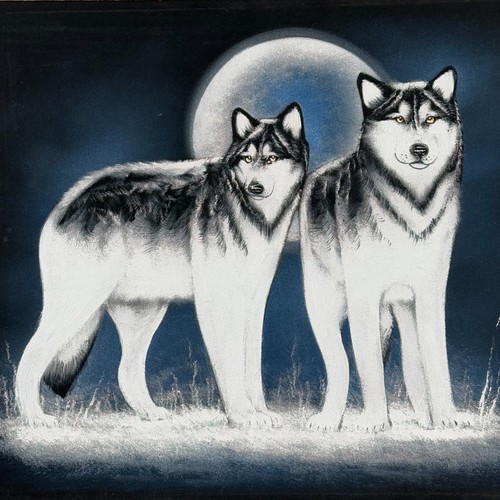 Lot Of 2 Vtg Black Velvet Wolf Paintings Framed Wolves Forrest Full Moon 22x18 - Picture 7 of 9