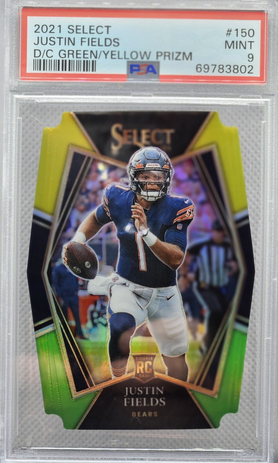 2021 Select Justin Fields  Green & Yellow Prizm Die-Cut #150 Bears PSA 9