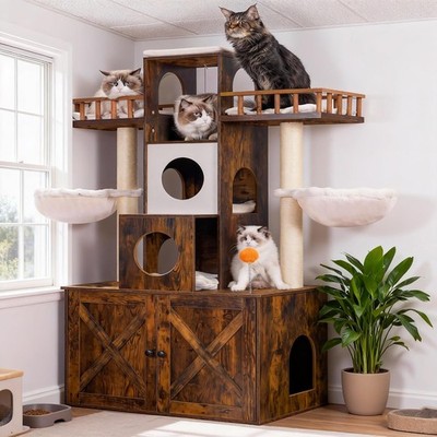 Heybly Cat Tree Litter Box Enclosure Big Cat Heavy