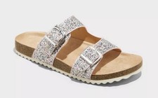 Cat Jack Drew Sandals Slip-On Footbed Silver Glittery Buckles Big Girls Sz 5