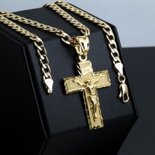 INRI Jesus Cross Charm Pendant 14k Gold Plated Brass 5mm 20" Cuban Choker Chain