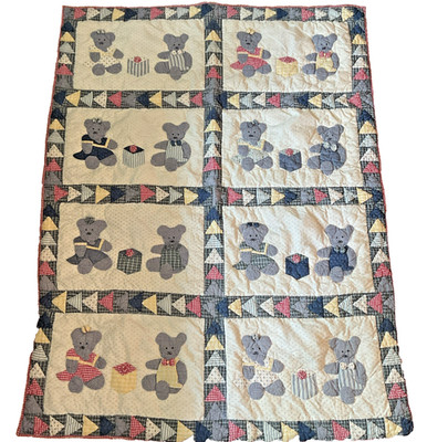 Vintage Patch Magic Teddy Bear Blocks Hand Appliquéd Quilted Throw 42x57