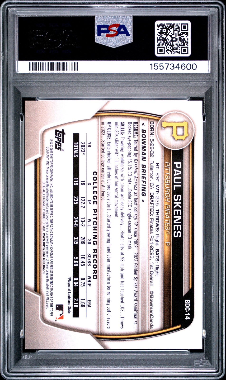 2023 Bowman Chrome Draft #BDC14 Paul Skenes Variation Refractor Rookie RC PSA 9 view 2