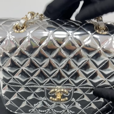 Chanel Silver Metallic Patent Leather Star Backpack Chain Flap Bag