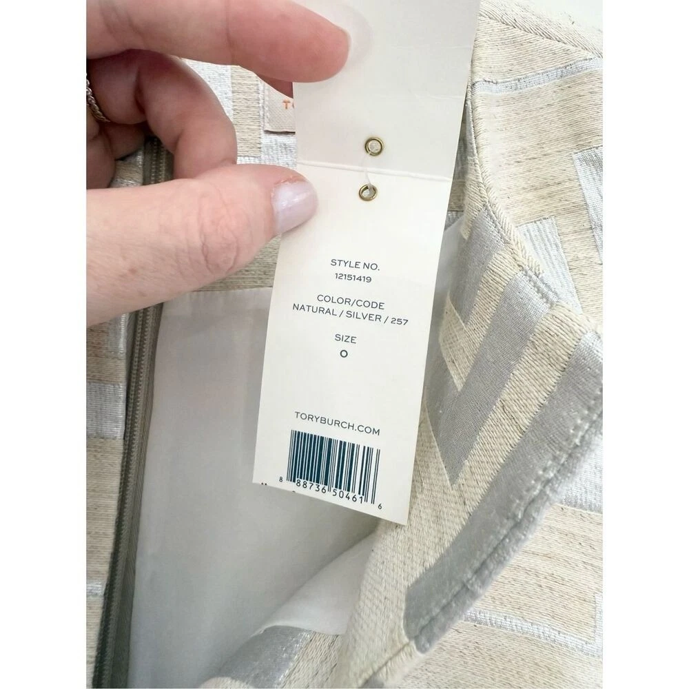 Abito donna Tory Burch bianco argento jacquard chiave greca geometrico taglia 0 nuovo con etichette